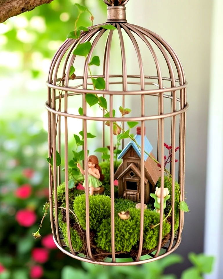 old birdcage fairy garden container - 20 Fairy Garden Container Ideas