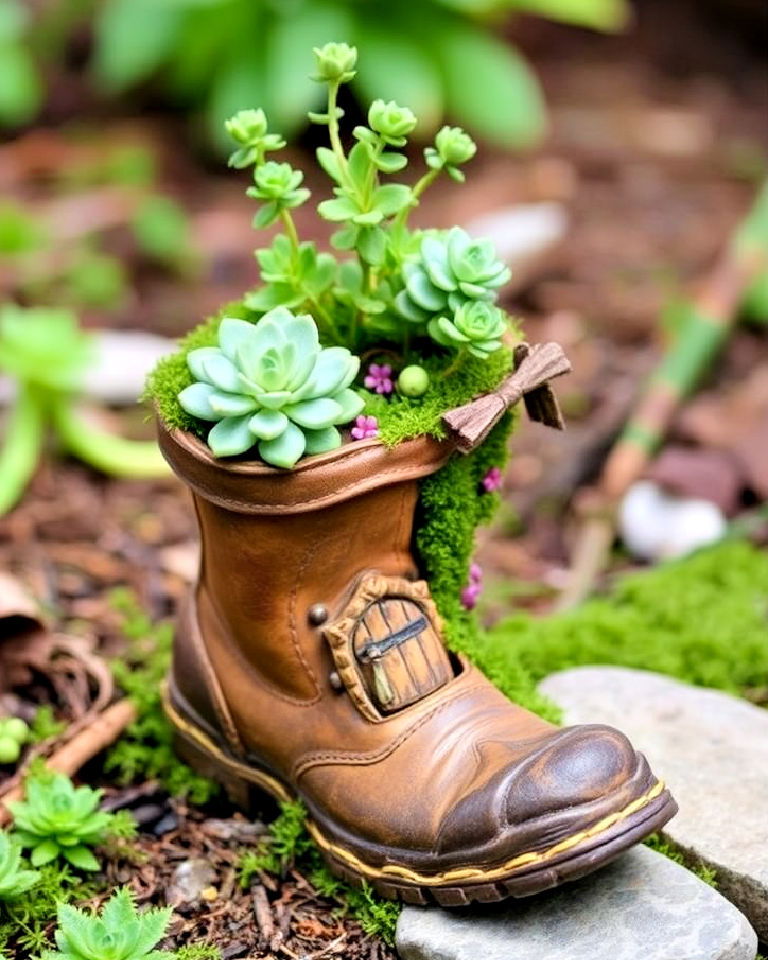 old boot fairy home - 20 Fairy Garden Container Ideas