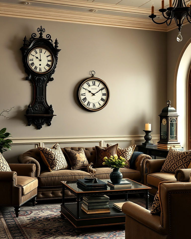 old clocks and timepieces living room - 25 Dark Academia Living Room Ideas