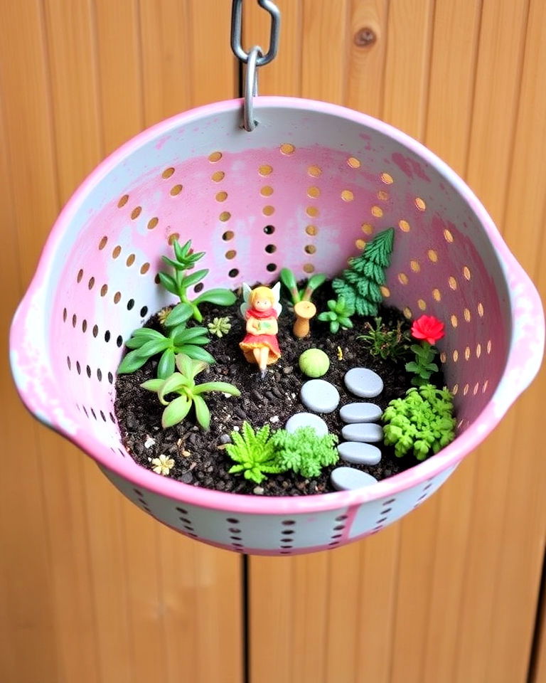 old colander to fairy garden container - 20 Fairy Garden Container Ideas