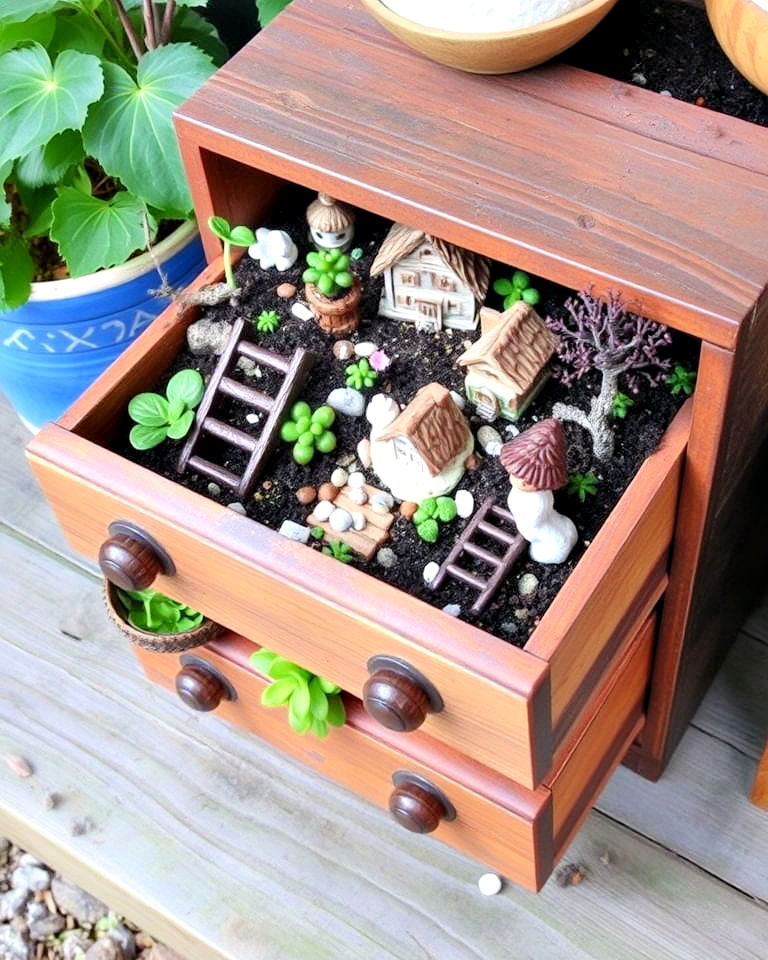 old drawer into a rustic fairy haven - 20 Fairy Garden Container Ideas