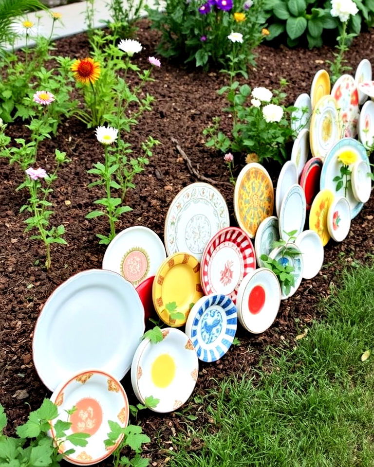 old plates and dishes garden edging - 15 Recycled Garden Edging Ideas