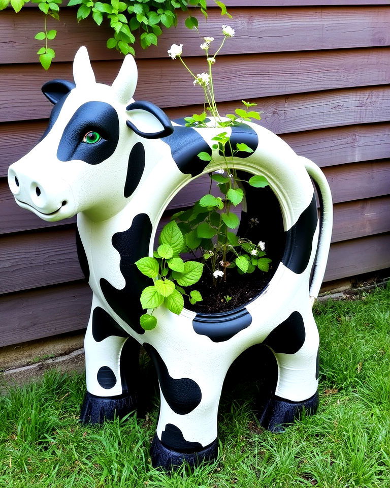 old tires into a cow shaped planter - 15 Cow Planter Pot Ideas