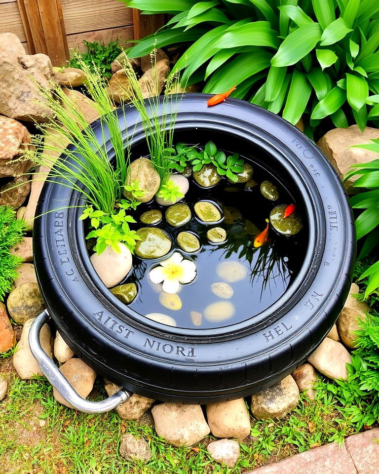 old tyre into a charming mini pond - 25 Recycled Tyre Garden Art Ideas