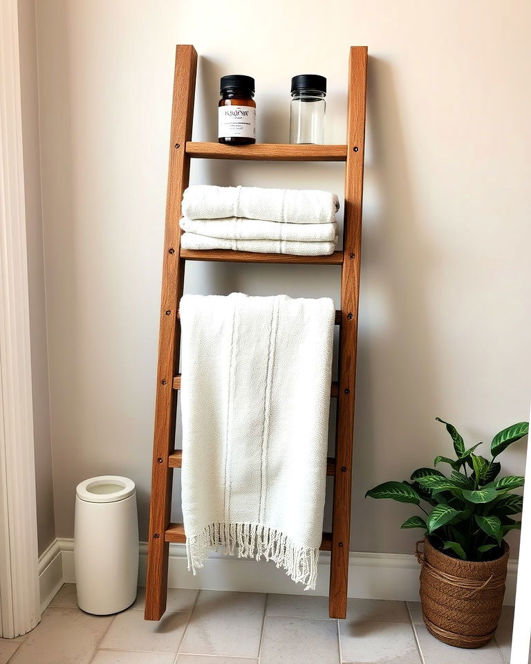 old wooden ladder into a towel rack - 25 Small Rustic Bathroom Ideas