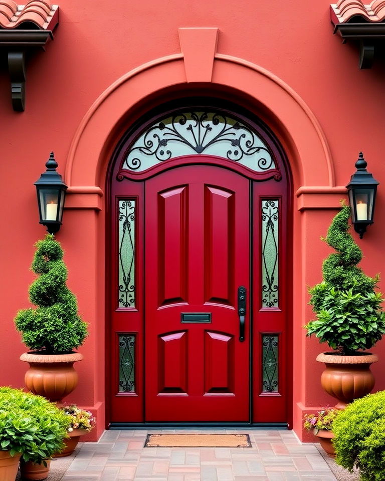 old world charm arched dark red door - 20 Dark Red Front Door Ideas