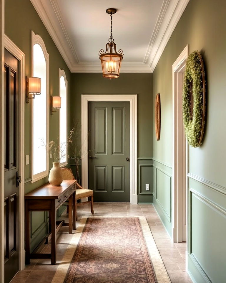 olive green hallway for earthy warmth - 25 Hallway Paint Colors