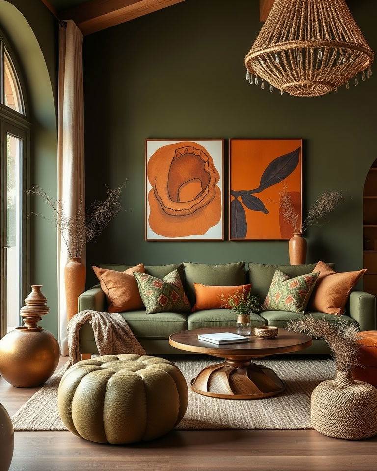 olive green living room sofa with terracotta accessories - 25 Green and Orange Living Room Ideas