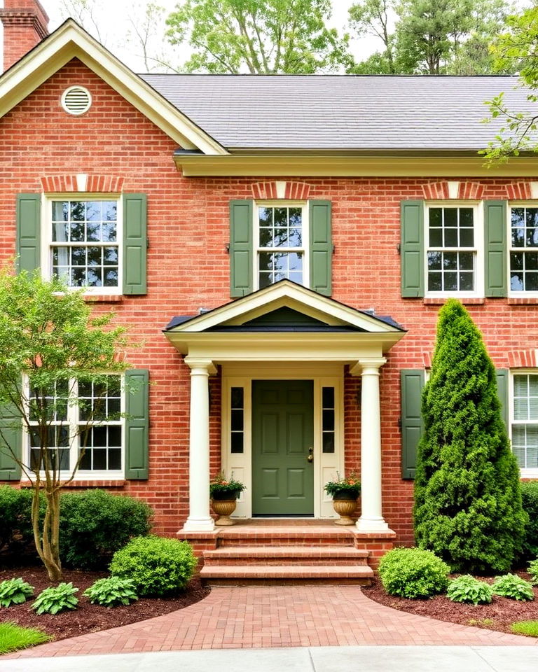olive green paired brick house with creamy white trim - 25 Blonde Brick House Color Schemes