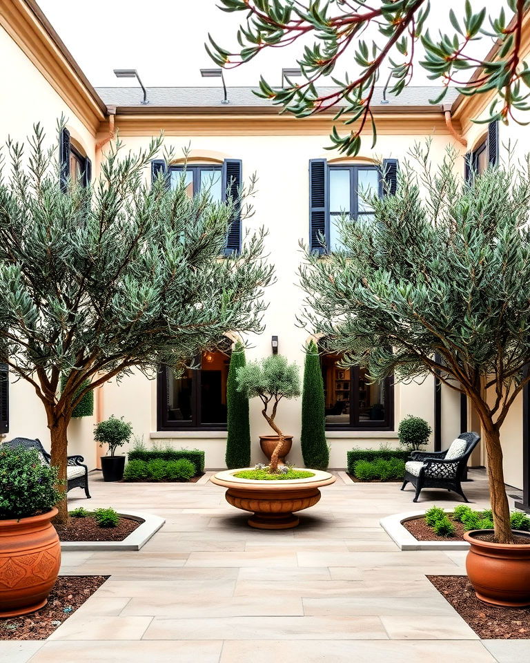 olive trees in a courtyard style layout - 15 Front Yard Olive Tree Landscape Ideas