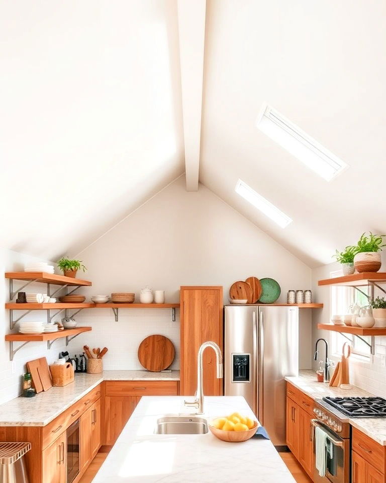 open shelving along slopes ceiling - 15 Sloped Ceiling Kitchen Ideas