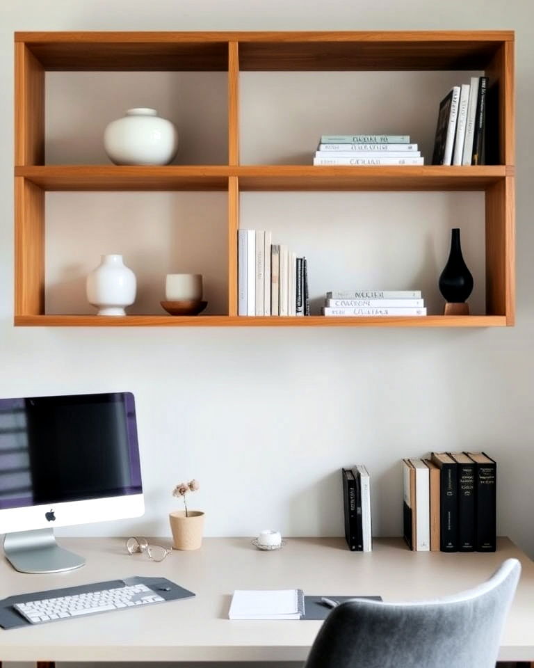 open shelving displays office - 30 Japandi Style Home Office Ideas