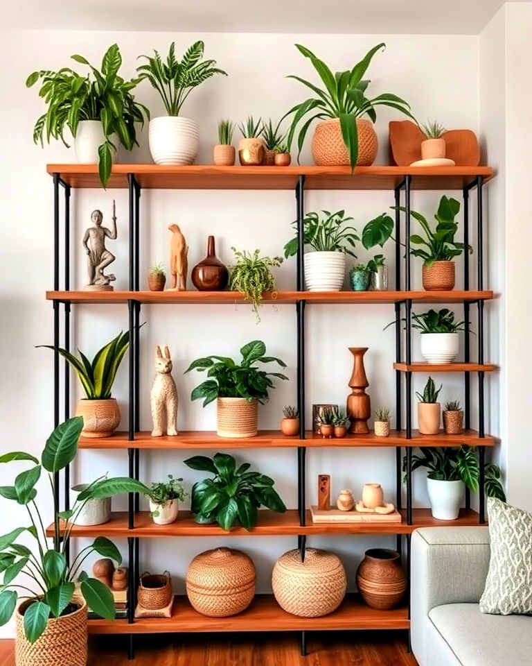 open shelving for boho jungle living room decor - 15 Boho Jungle Living Room Ideas