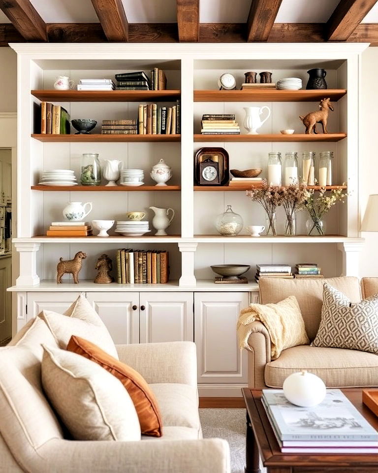 open shelving for displaying vintage finds - 30 French Country Living Room Ideas