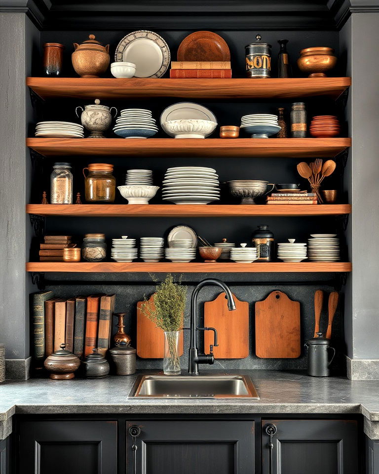 open shelving with antique dishes for kitchen - 25 Dark Academia Kitchen Ideas