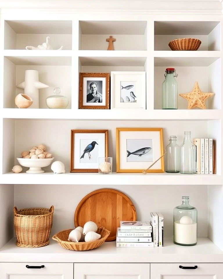 open shelving with coastal decor - 30 Coastal Interior Design Ideas
