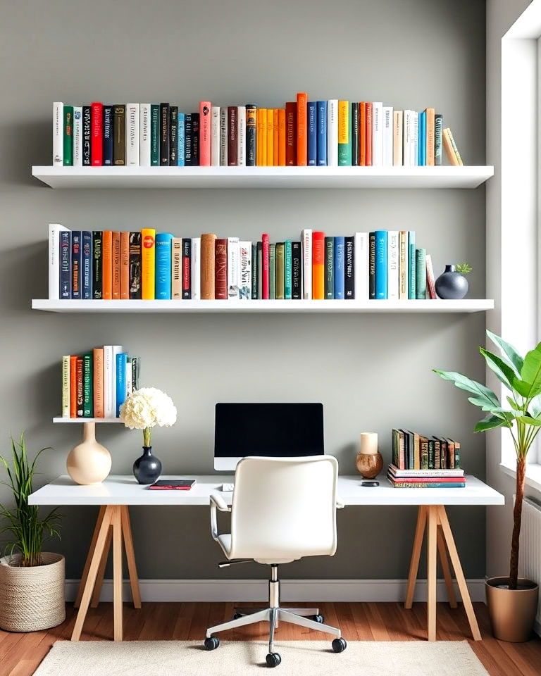 open shelving with color coordination - 25 Home Office Library Ideas