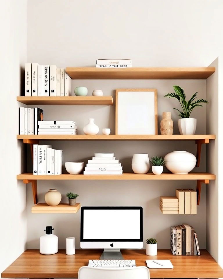 open shelving with thoughtful styling open shelving with thoughtful styling - 25 Japandi Home Office Ideas