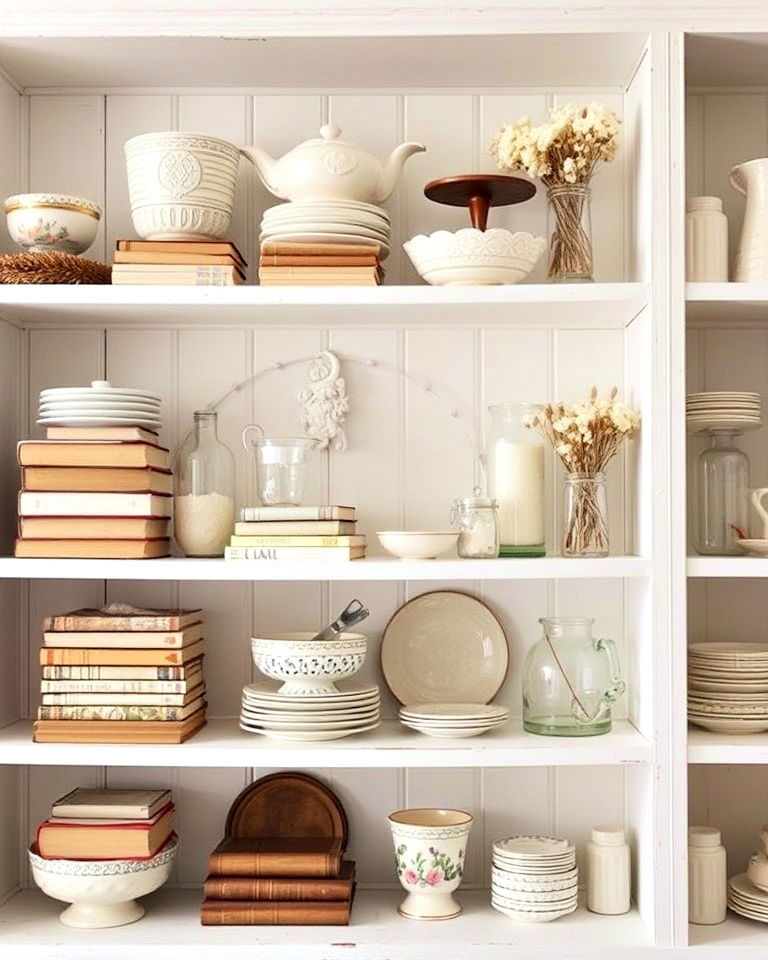 open shelving with vintage finds - 25 Shabby Chic Interior Design Ideas