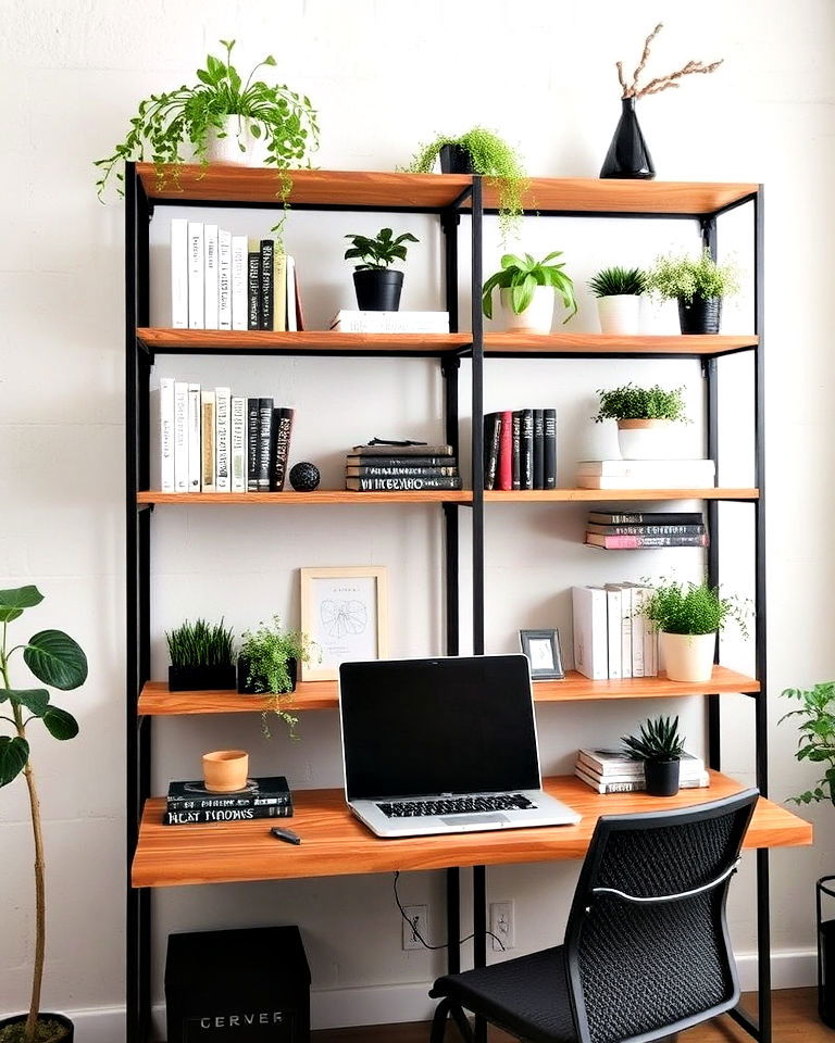 opt for open shelving with a mix of metal and wood - 30 Industrial Home Office Ideas