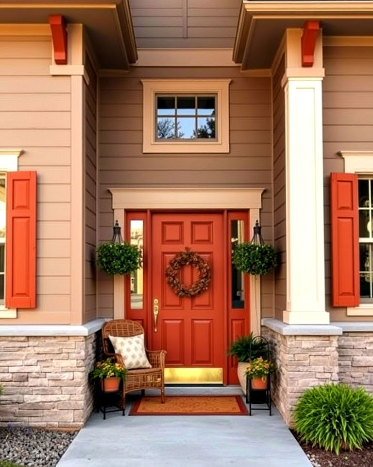 orange accents to add warmth to taupe exteriors - 20 Exterior Taupe House Color Combinations