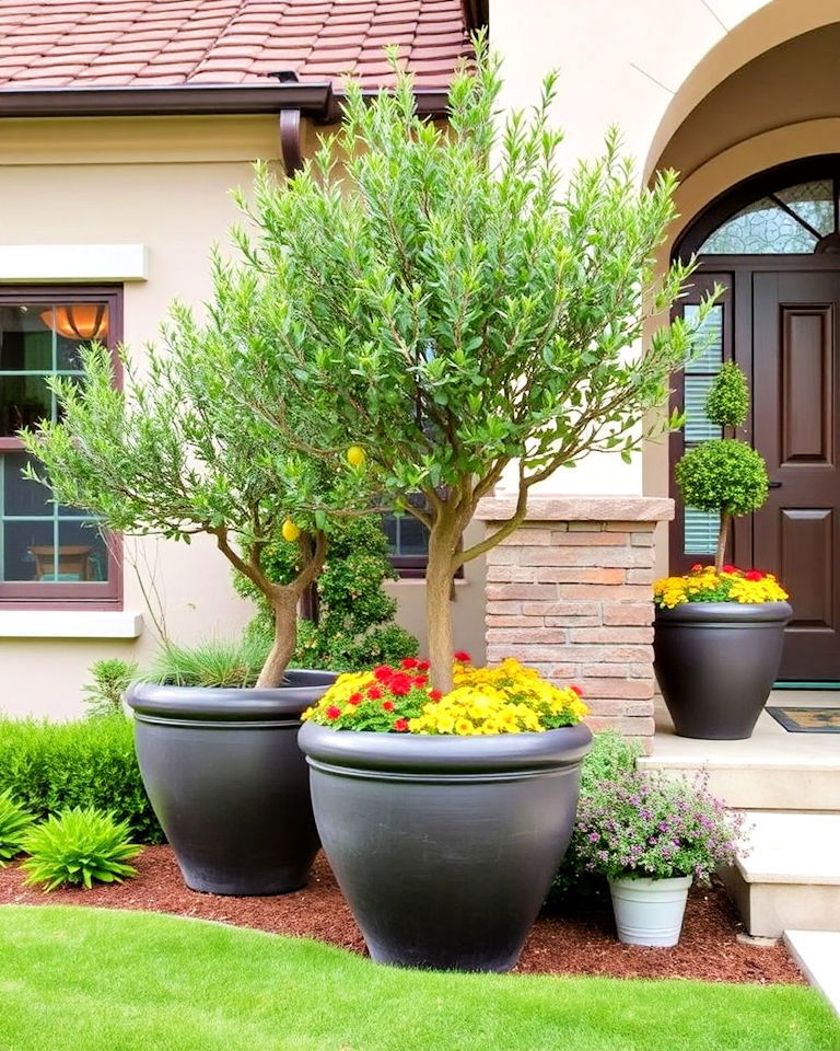 ornamental trees in oversized pots - 20 Front Yard Landscaping With Potted Plants