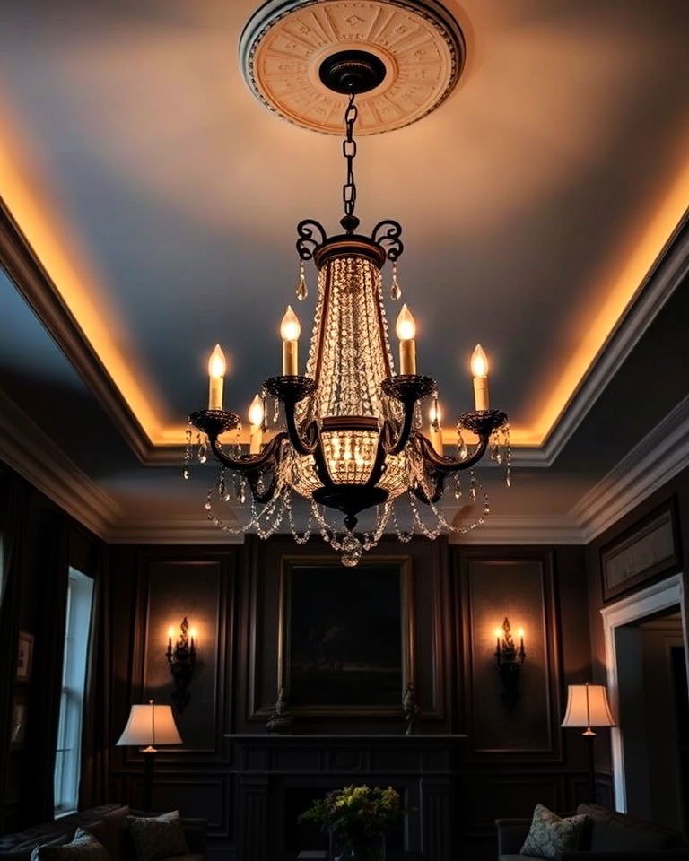 ornate chandelier dark academia living room - 25 Dark Academia Living Room Ideas