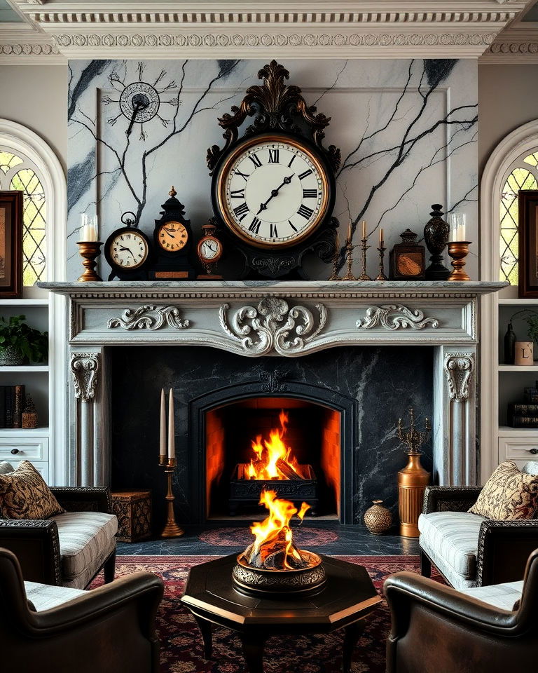 ornate fireplace mantel living room - 25 Dark Academia Living Room Ideas