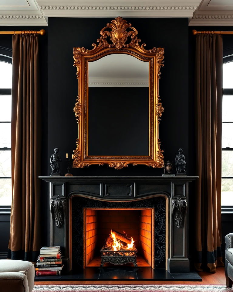 ornate gold framed mirror above the fireplace - 15 Dark Academia Fireplace Ideas