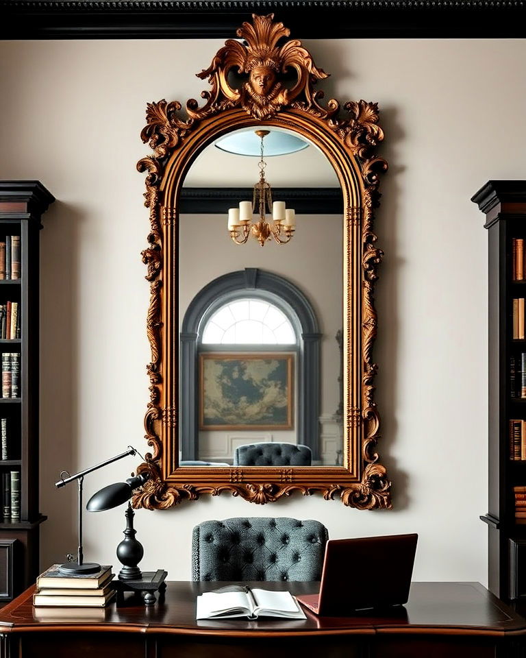 ornate mirror for visual impact - 20 Dark Academia Home Office Ideas