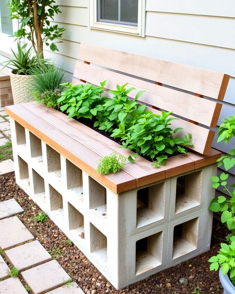 outdoor bench with planters - 15 Cinder Block Planter Ideas