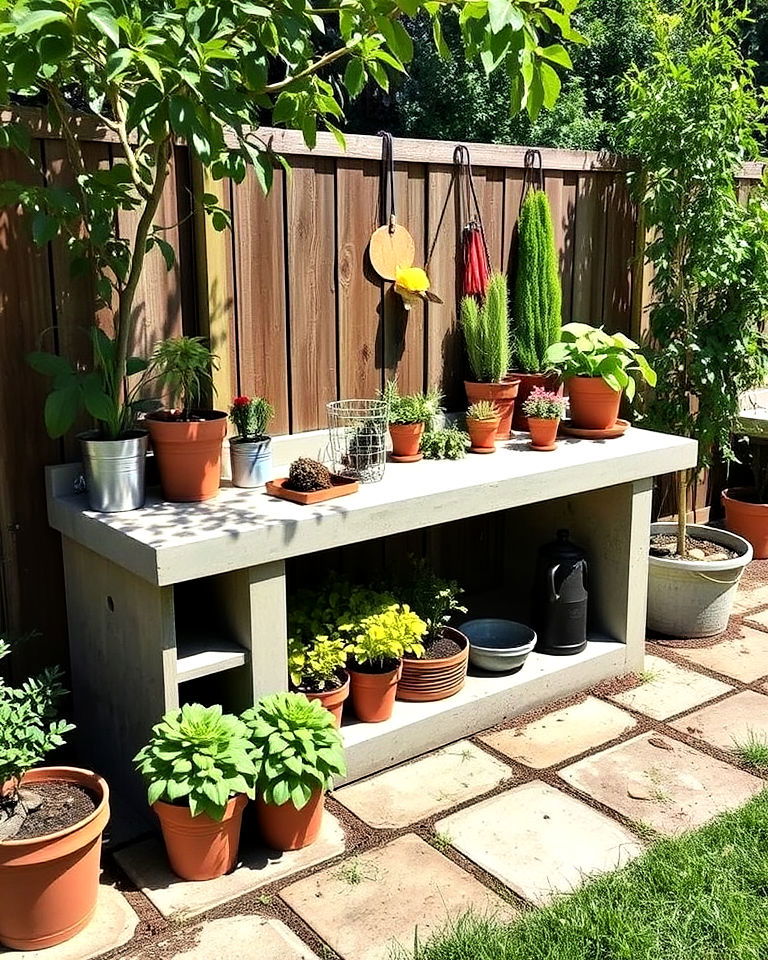 outdoor concrete potting bench - 20 Concrete Garden Ideas