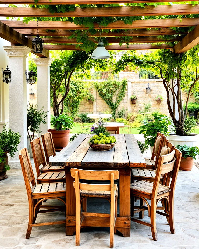 outdoor dining areas with rustic table - 25 Greek Garden Ideas