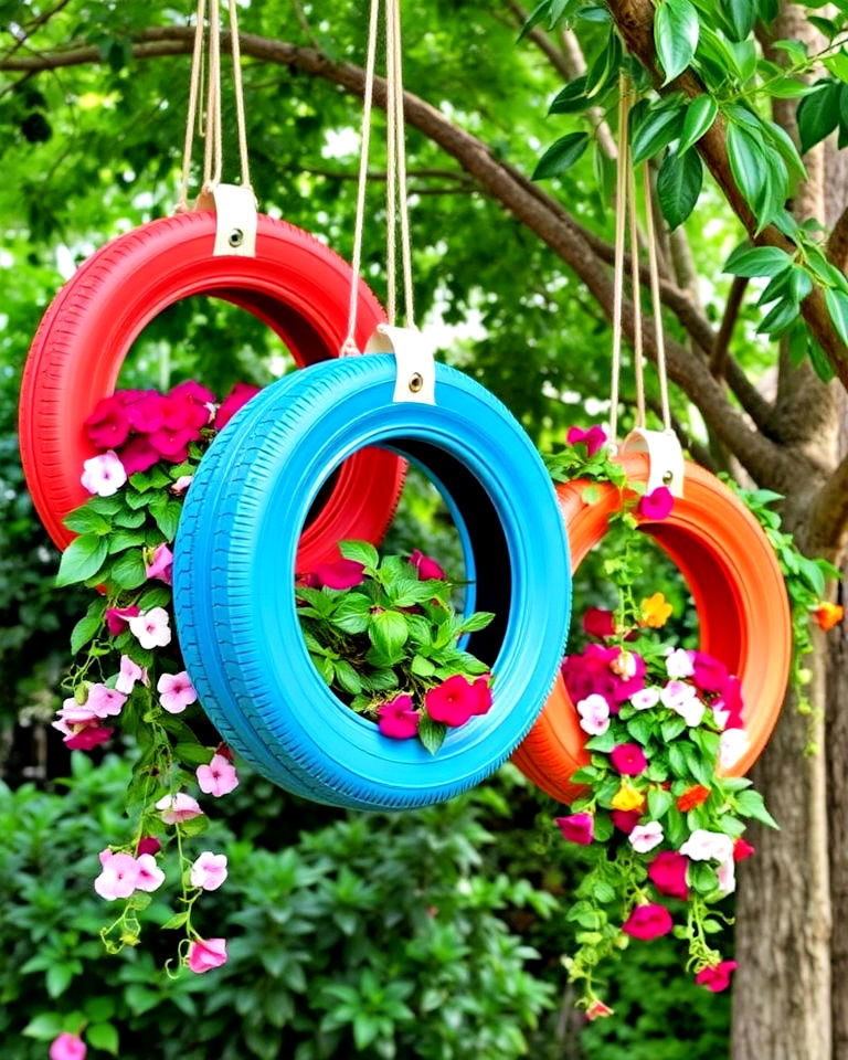 outdoor hanging tyre planters - 25 Recycled Tyre Garden Art Ideas