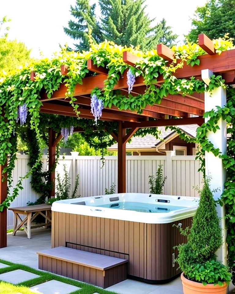 outdoor pergola with climbing vines - 15 Hot Tub Pergola Ideas