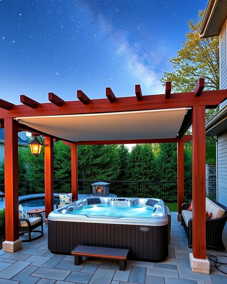 outdoor pergola with retractable canopy - 15 Hot Tub Pergola Ideas