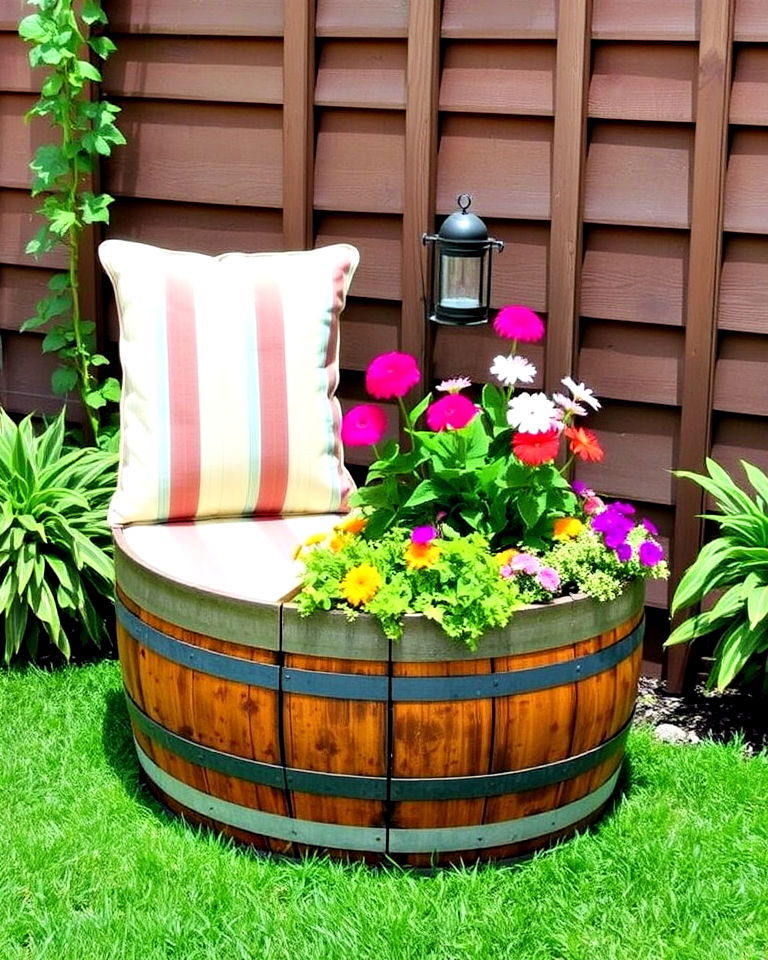 outdoor seat with an integrated planter from a wine barrel - 15 Wine Barrel Planter Ideas