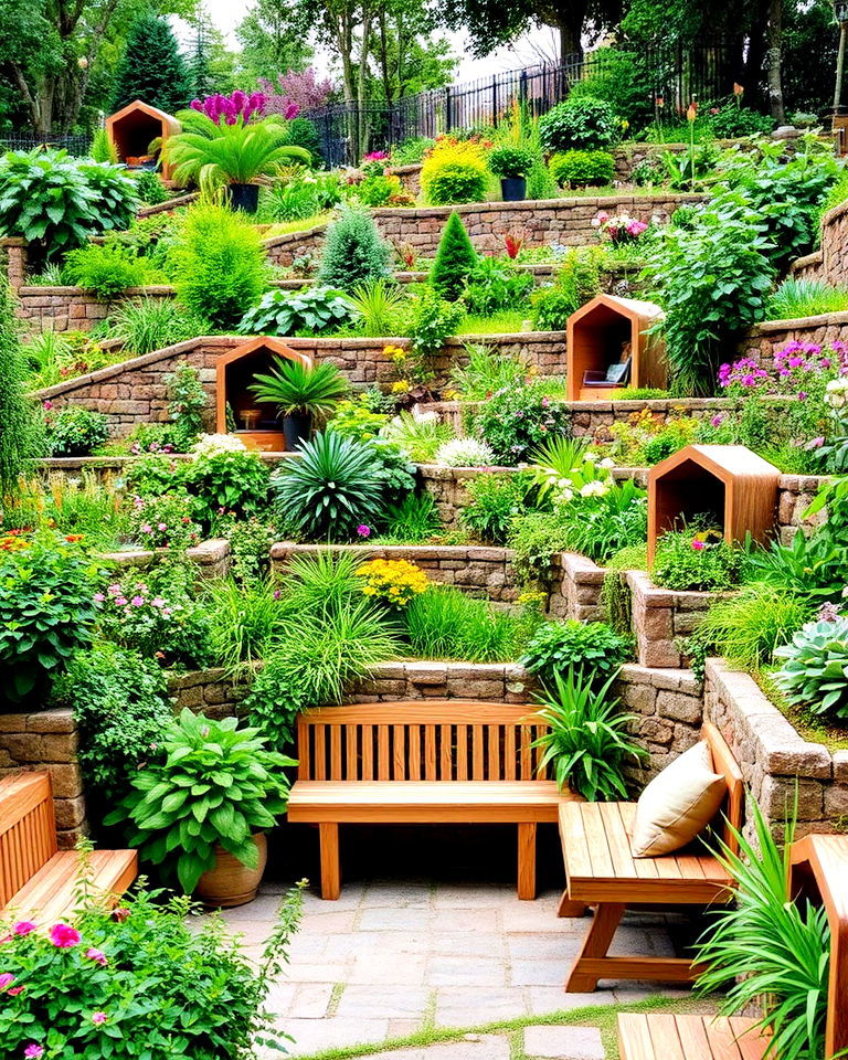 outdoor seating nooks terraced garden - 15 Hillside Terraced Garden Ideas