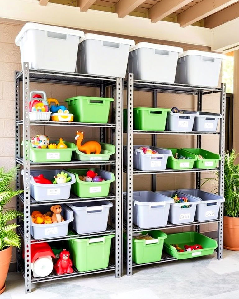 outdoor shelving units with labeled bins - 25 Outdoor Toy Storage Ideas