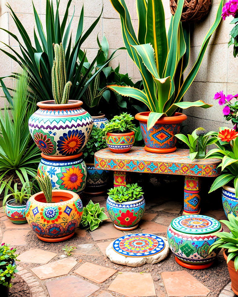 outdoor spaces with mosaic garden decor - 25 Mexican Decor Ideas
