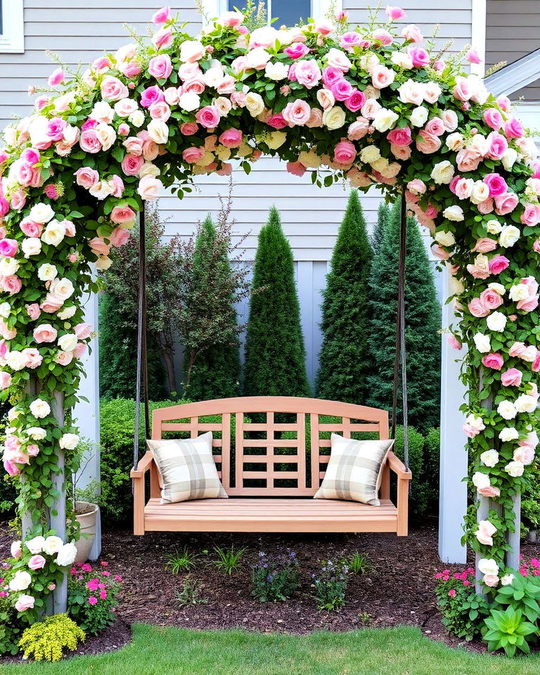 outdoor swing bench with floral archway - 25 Front Yard Sitting Area Ideas