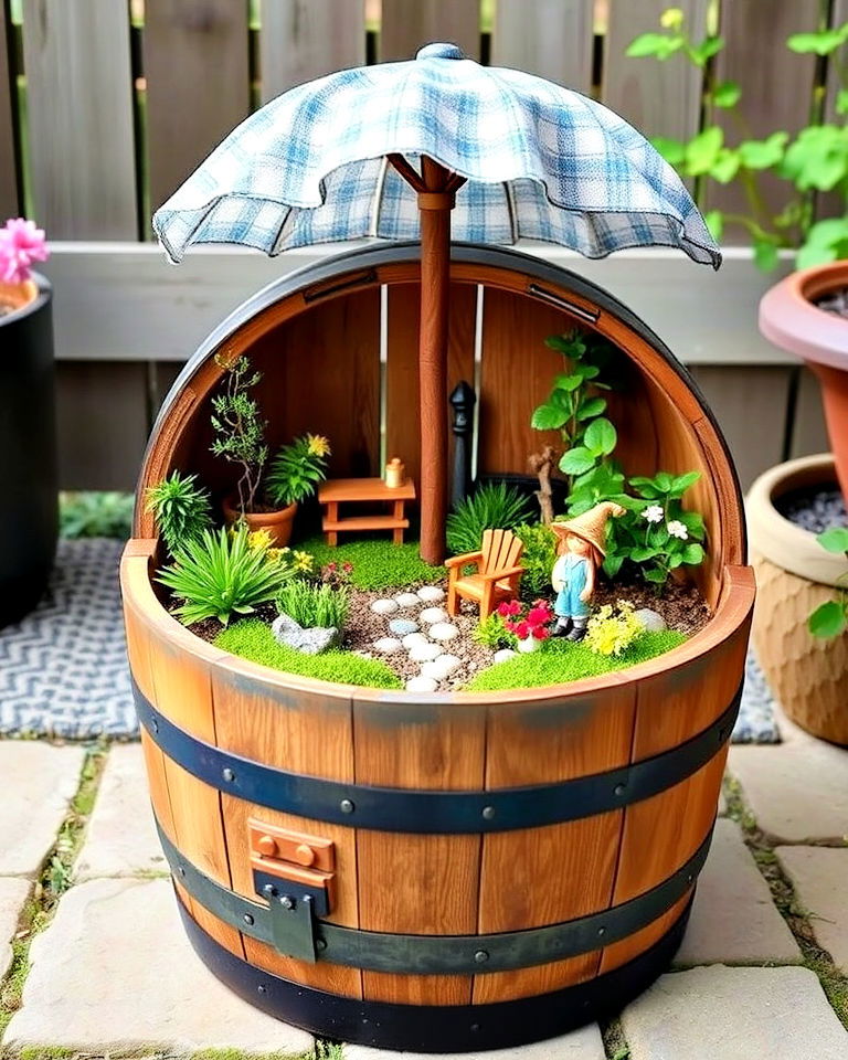 outdoor whimsical fairy garden - 20 Whiskey Barrel Planter Ideas