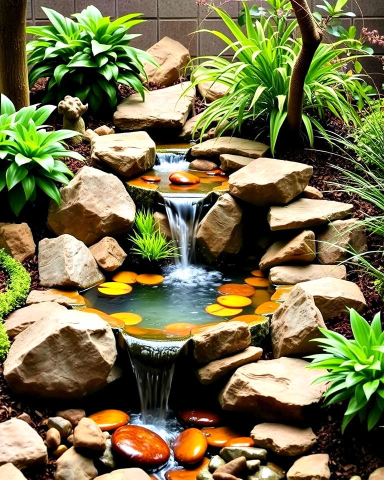 overflow stream into basin for small garden - 25 Small Garden Stream Ideas