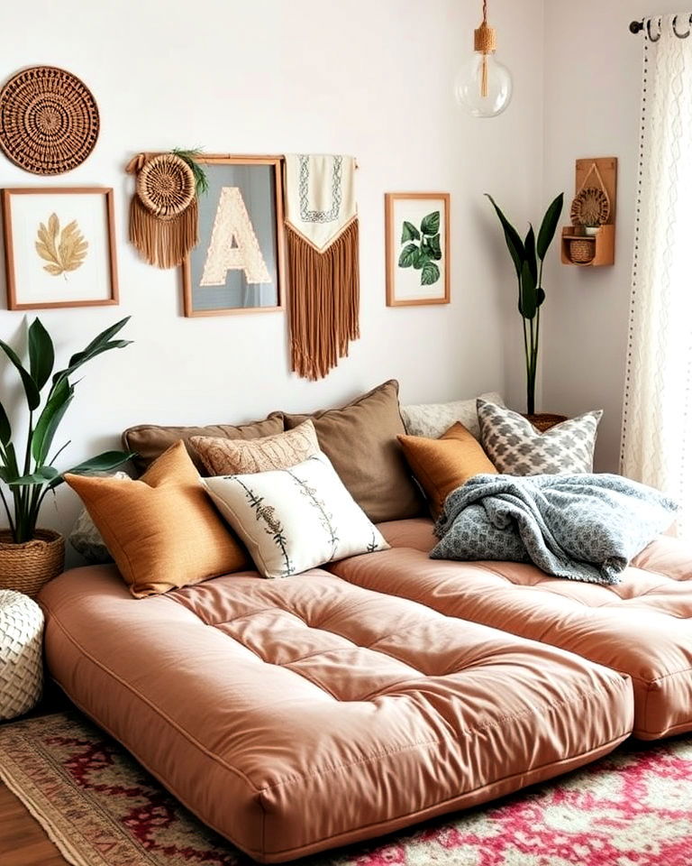 oversized floor cushions for casual seating - 25 Boho Teen Bedroom Ideas
