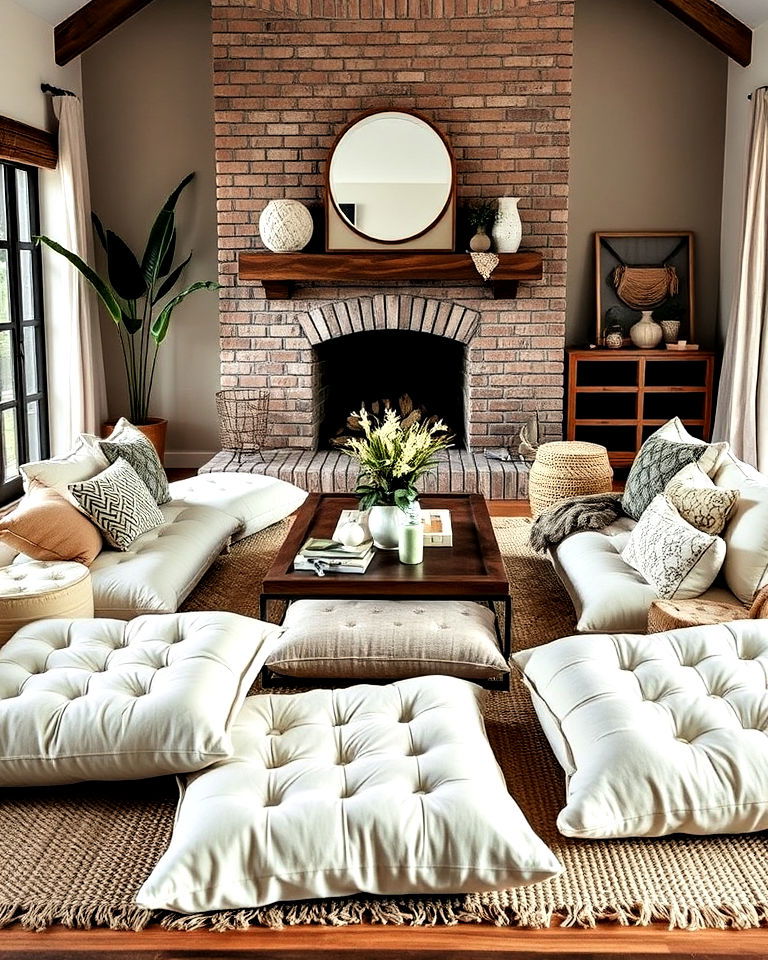 oversized floor cushions for casual seating in living room - 15 Neutral Boho Living Room Ideas