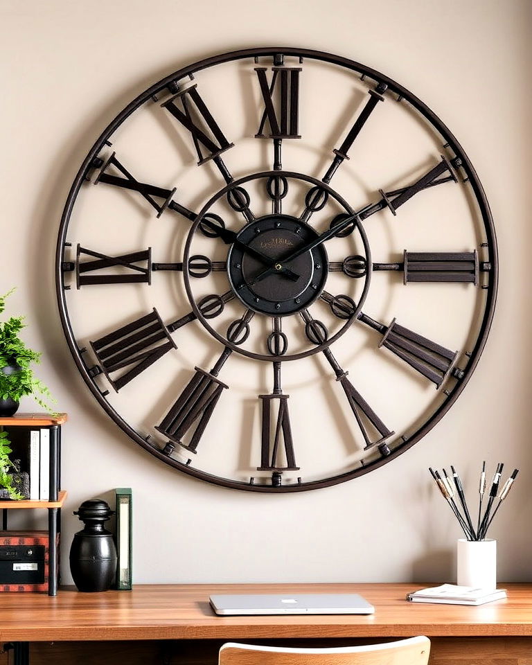 oversized industrial wall clock - 30 Industrial Home Office Ideas