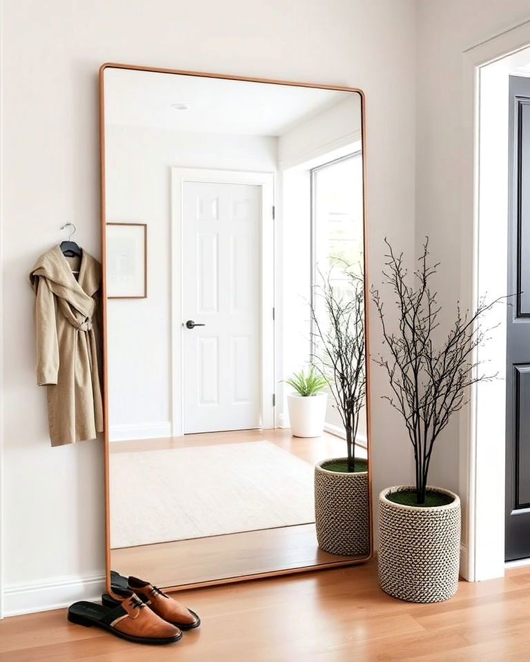oversized mirror enhances a minimalist entryway - 15 Minimalist Entryway Ideas