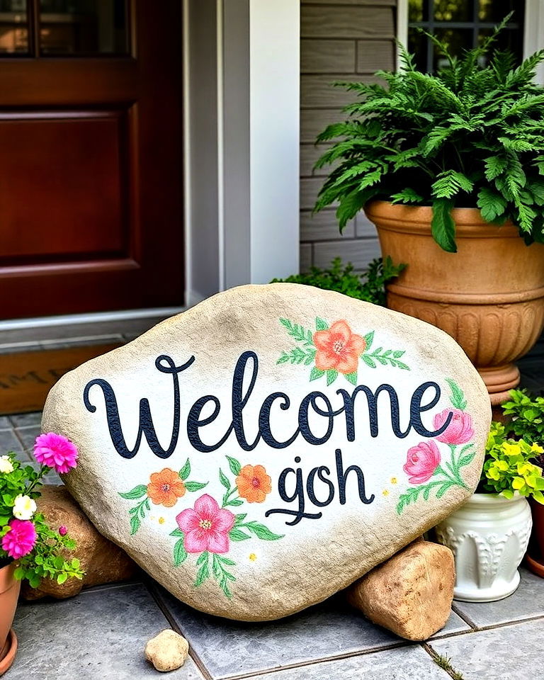 painted stone welcome sign - 25 Welcome Sign Ideas for Front Porch