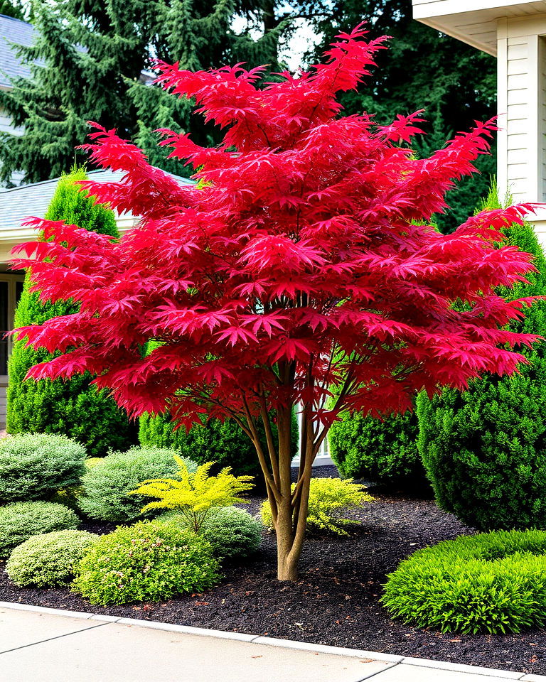 pair a japanese maple tree with evergreen shrubs or trees - 20 Front Yard Japanese Maple Tree Landscaping Ideas
