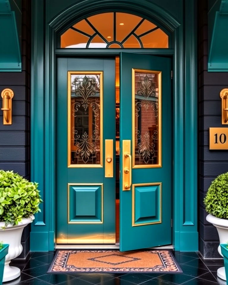 pairing teal with luxurious gold accents - 25 Teal Front Door Ideas